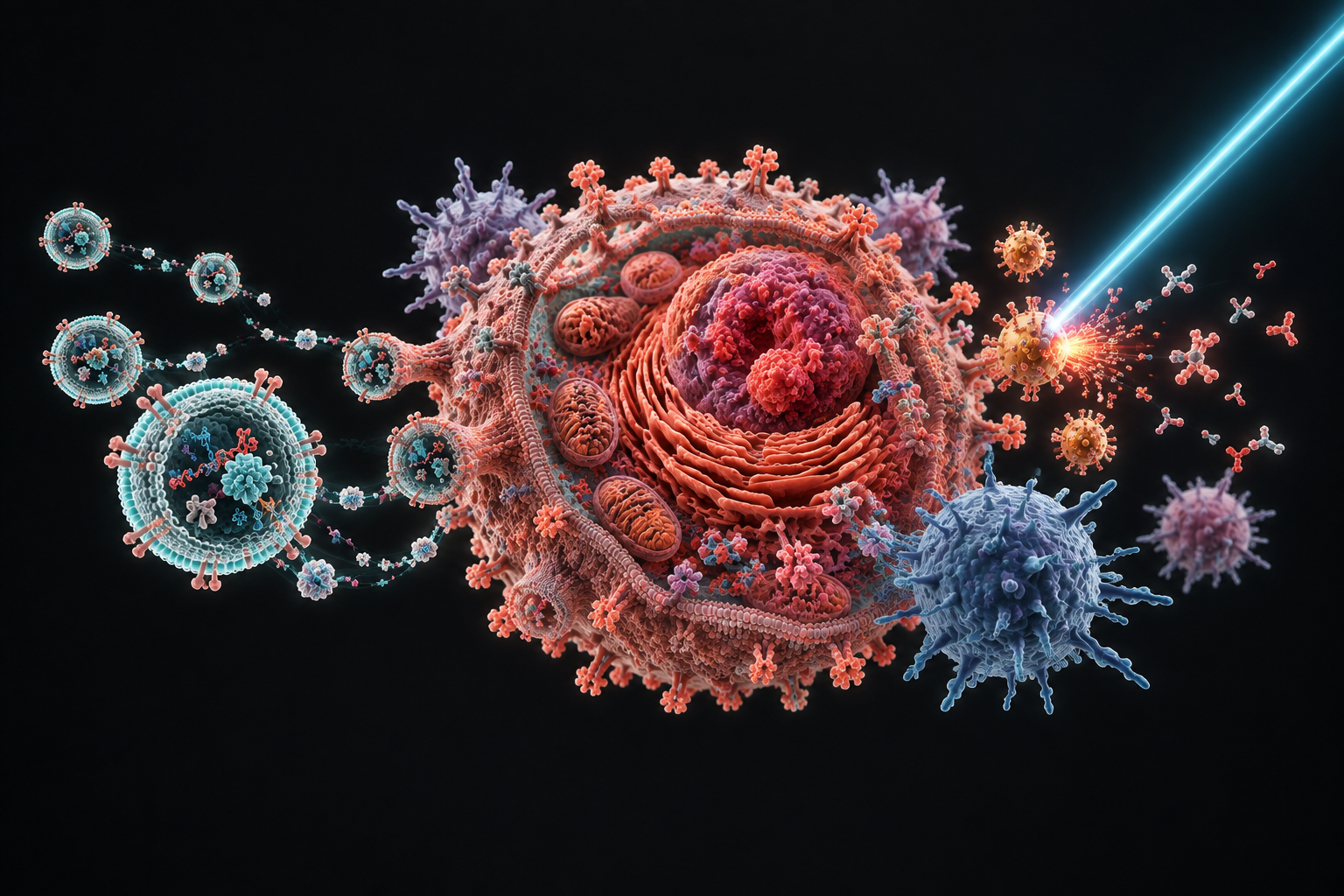 Scientific concept: tumor and immune cells, vesicles released to the left, and light activating nanoparticles on the right.
